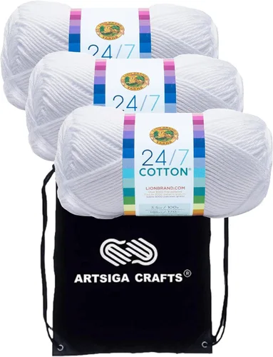 Vista 17 de Lion Brand 24/7 Algodón Blanco 761-100 (6-Carrillos - Mismo Lote de Tinta) Hila Gruesa Media #4 de Algodón para Crochet y Tejido con Bolsa