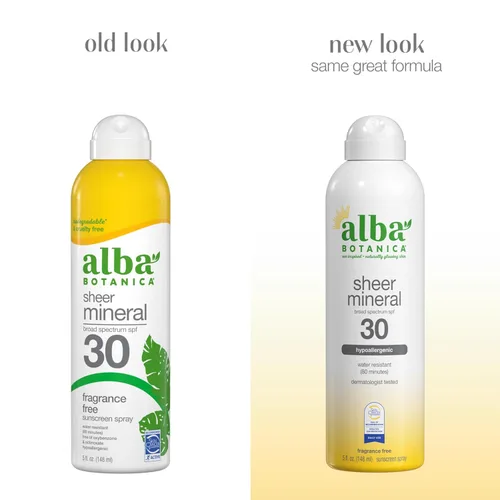 Vista 3 de Alba Botanica Spray protector solar mineral transparente, SPF 30, amplio espectro sin fragancia, resistente al agua y biodegradable, botella de 5