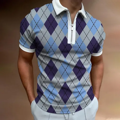 Vista 4 de Men's Causal Polo Shirts Short Sleeve Zip Up Graphic Tee Shirt Lightweight Fashion Golf Polo Shirts Slim Fit Muscle Top