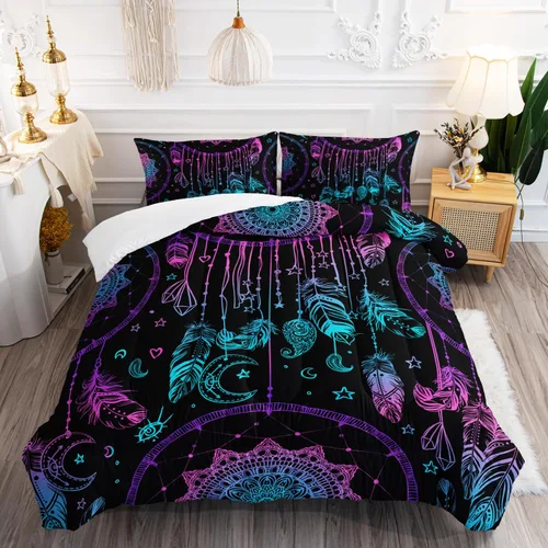 Vista 22 de AILONEN Juego de ropa de cama de 3 piezas, 1 edredón + 2 fundas de almohada, diseño floral adornado y medallones tonales para dormitorio gótico