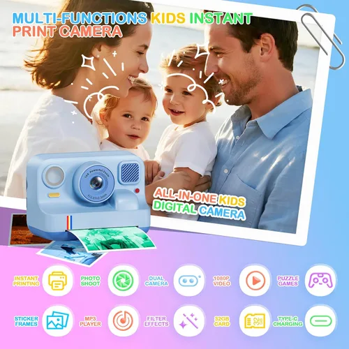 Vista 2 de Cámara de impresión instantánea para niños, regalos de cumpleaños de Navidad para niñas y niños de 3 a 15 años, cámara de video digital portátil