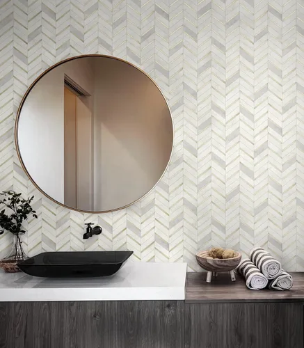 Vista 3 de NextWall Chevron - Papel tapiz de mármol sintético para despegar y pegar (oro metálico y gris perla)