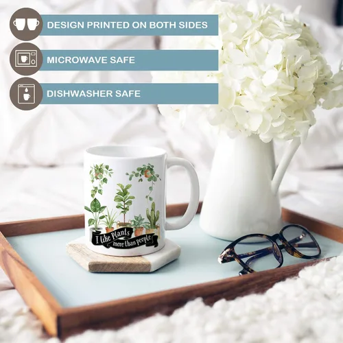 Vista 2 de Taza de café de cerámica con texto en inglés "I Like Plants More Than People", de 11 o 15 onzas