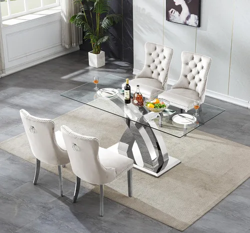 Vista 2 de Juego de mesa de comedor de cristal plateado moderno de 70 pulgadas para 4, juego de mesa de comedor rectangular de 5 piezas con patas de acero