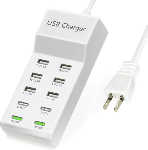 Vista 8 de Cargador USB, estación de carga USB de 100 W con 10 puertos (6 puertos USB-A y 2 puertos USB-C y 2 PD20W) compatible con iPhone 15/14/13/13Pro Max