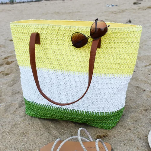 Vista 30 de Bolso grande de paja para mujer, tejido de ratán, bolso de playa de verano, a rayas