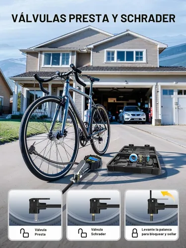 Vista 5 de Presta - Adaptador de válvula con manómetro y caja de almacenamiento, bomba de válvula Schrader de doble puerto de 200 psi y Presta, puede