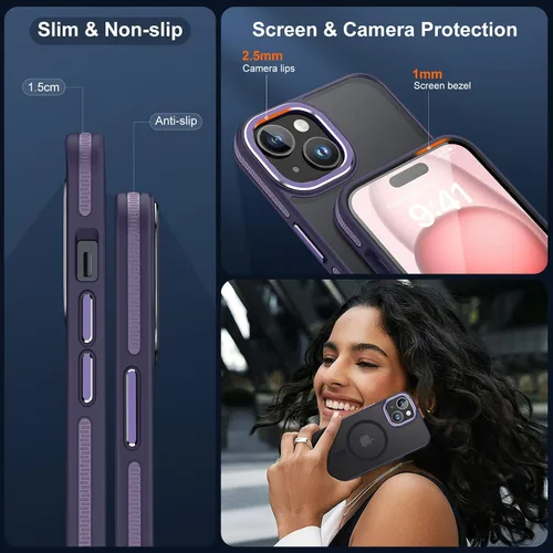 Vista 5 de JAME - Funda para iPhone 15 con 2 protectores de pantalla de vidrio templado [Compatible con Magsafe][Protección de grado militar] Funda delgada a