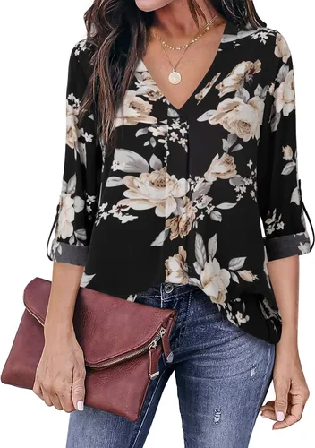 Vista 2 de Youtalia - Blusa casual de mujer con cuello en V, estampada, de gasa, con mangas de 34 con puños, estilo casual