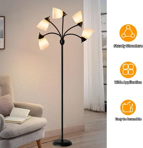 Vista 11 de DLLT - Lámpara de pie moderna para habitación: 5 luces flexibles de cuello de cisne negro lámparas de pie para sala de estar, dormitorio, hogar