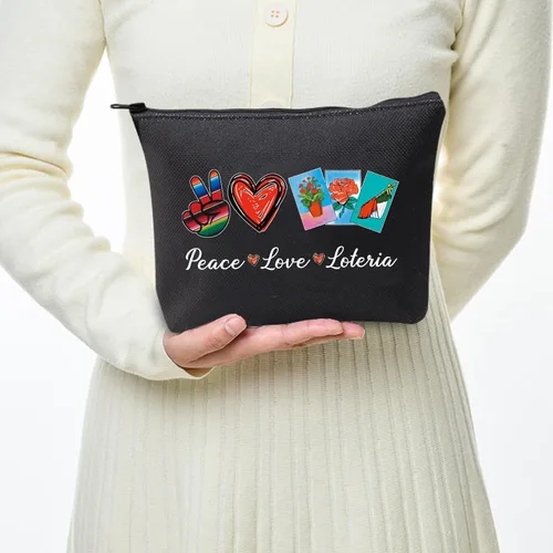 Vista 4 de JXGZSO Bolsa de lotería divertida bolsa de almacenamiento de bingo mexicano, regalo de lotería, paz, amor, lotería, bolsa de lona con cremallera