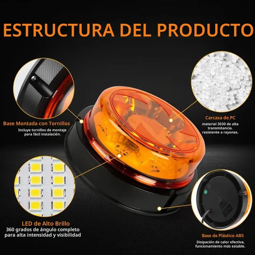 Vista 2 de 1 pieza de luces estroboscópicas para camiones con 25 cables internos, luz de baliza magnética naranja de 12v24v de 6 modos para coche, camión, UTV