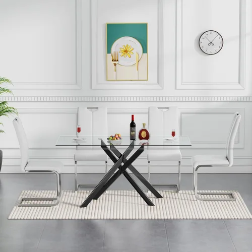 Vista 7 de SSLine Mesa de comedor moderna de cristal, rectangular de 51 pulgadas, color negro con patas de metal diseñadas en X para cocina y comedor