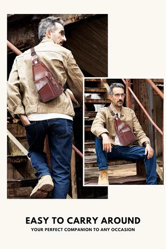 Vista 6 de Bolso bandolera pequeño de cuero para mujeres y hombres, bolsa cruzada, bolsa de pecho, mochila de viaje de hombro, resistente al agua, Caoba