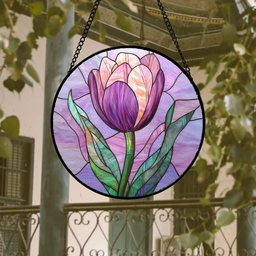 Vista 3 de DASTOLL Conjunto de 4 Piezas de Vidriera Manchada para Colgar en Ventanas, Tema de Flores Púrpuras, 16 cm - Atrapasoles de Tulipán para Puerta Juego