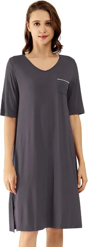 Vista 46 de WiWi - Camisón de viscosa de bambú para mujer, manga corta, con cuello en V, ropa de dormir, tallas grandes, S-4X, A-aqua