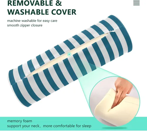 Vista 4 de Cervical Neck Roll, Blue White Stripes Round Pillow Washable Memory Foam Pillow, Bolster Pillow for Improved Sleeping, Travel, Home