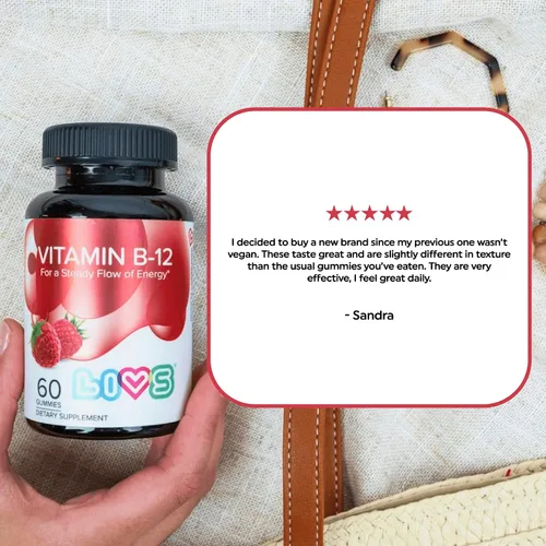 Vista 6 de LIVS Gomitas de vitamina B12 para adultos y niños Suplemento vegano de metilcobalamina B12 Energía, metabolismo y apoyo nervioso Sabor a