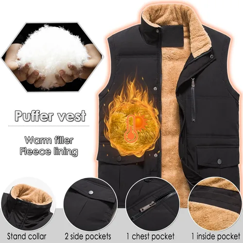 Vista 2 de XinYangNi Men's Winter Warm Outdoor Padded Puffer Lightweight Vest Thick Fleece Lined Sleeveless Jacket