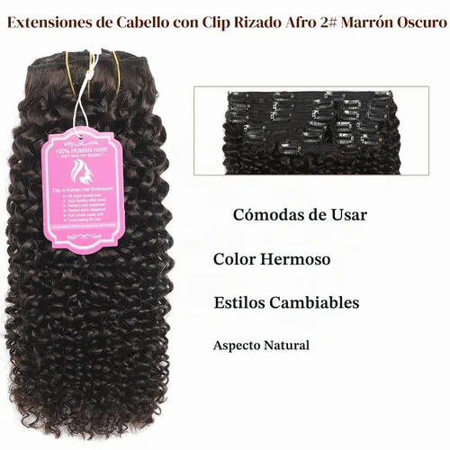 Vista 2 de Extensiones de cabello rizado kinky con clip para mujeres negras 14 pulgadas 2# marrón oscuro extensiones de cabello rizado con clip cabello humano