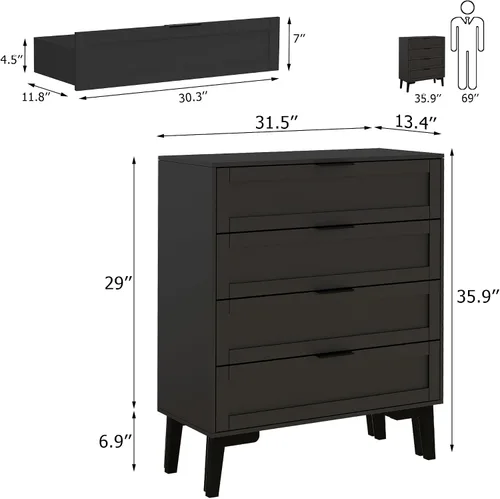 Vista 2 de TaoHFE Cómoda negra de 4 cajones para dormitorio, cómoda de lencería de madera para dormitorio, moderna cómoda negra de 36 pulgadas de alto