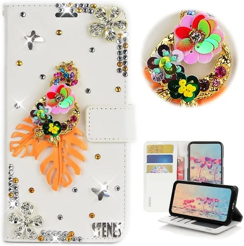 Vista 35 de Bling - Funda tipo cartera para teléfono compatible con Samsung Galaxy Z Fold 3 5G, elegante, hecha a mano en 3D con cristales y mariposas