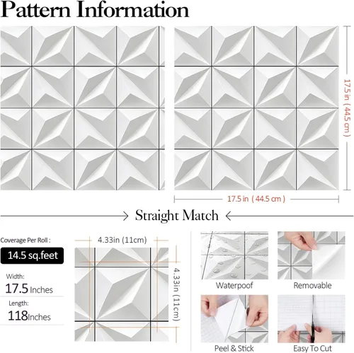 Vista 7 de FunStick Papel tapiz 3D de azulejos blancos modernos para despegar y pegar para dormitorio, cocina, sala de estar, pared de acento autoadhesivo