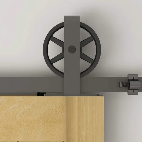Vista 3 de Kit de rieles de 98-2/5 pulgadas para puerta corrediza de granero, rodillo de rueda negro básico para puertas individuales, sistema de rieles