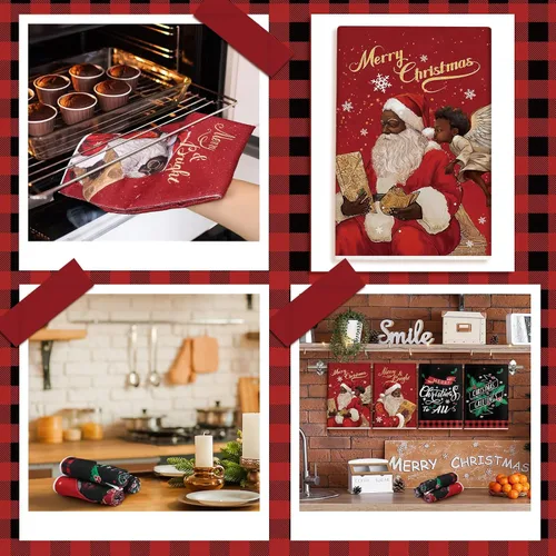 Vista 6 de Hosuly 6 Piezas Toallas de Cocina Navideñas Afroamericanas Paños de Platos de Santa Negro Toallas de Mano Navideñas Negras y Rojas Santa Ángel Acebo