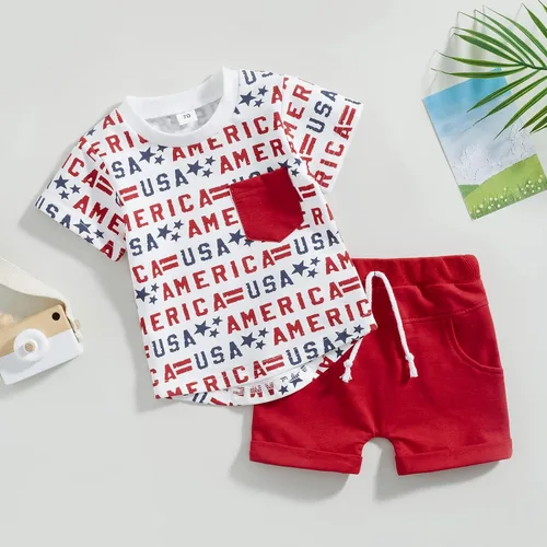 Vista 4 de Ynibbim Conjunto de ropa de verano para niños pequeños del 4 de julio, camiseta con estampado de letras y pantalones cortos de algodón