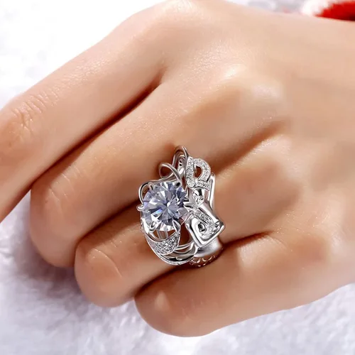 Vista 6 de Jeulia Anillo de sirena de plata de ley con diamantes de imitación de corte redondo y diseño de cuento de hadas, elegante anillo de compromiso