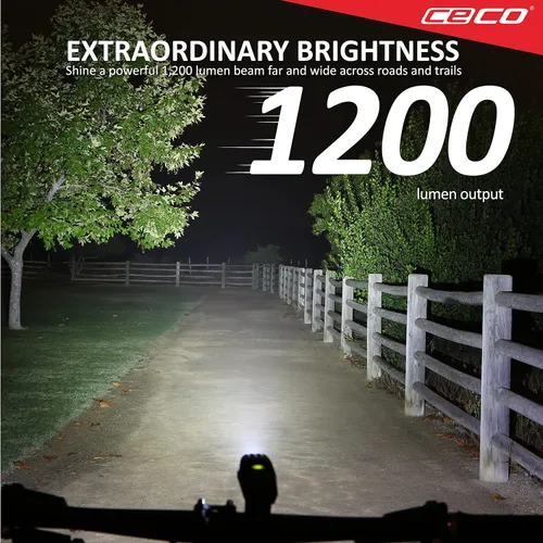 Vista 2 de CECO -Estados Unidos: Luz de bicicleta recargable USB de 1.200 lúmenes - Resistente y duradera IP67 impermeable y resistente a los impactos FL-1