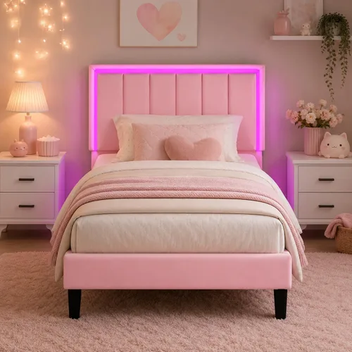 Vista 12 de IMMERSTABLE - Bases de cama tamaño individual, tapizadas con cabecero, luces LED RGB, soporte resistente con listones de madera, sin ruido, no Negro