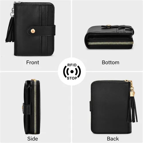 Vista 7 de oscaurt Cartera para mujer pequeña con bloqueo RFID, cartera de dos pliegues con tarjetero para tarjetas de crédito, ventana para identificación