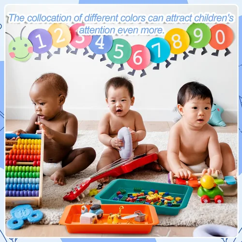 Vista 4 de Tatuo Paquete de 16 bandejas de arte de plástico grandes y coloridas para niños, bandejas multicolor de 14 x 10 x 2 pulgadas, bandejas apilables