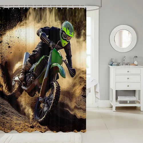 Vista 2 de Cortina de ducha verde para motocicletas, deportes extremos, juego de cortinas de ducha de tela impermeable para niños, motocross racer, para niños