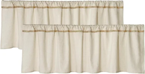 Vista 9 de Cenefa de lino de algodón para ventanas con ribete de encaje de arpillera rústica de 12 pulgadas, cenefa de cocina con bolsillo para barra, cortina