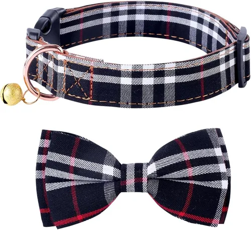 Vista 6 de Yizepet Collar de perro con corbatín - Collar ajustable para mascotas con collar de hebilla de plástico, patrón elegante para niños pequeños Beige