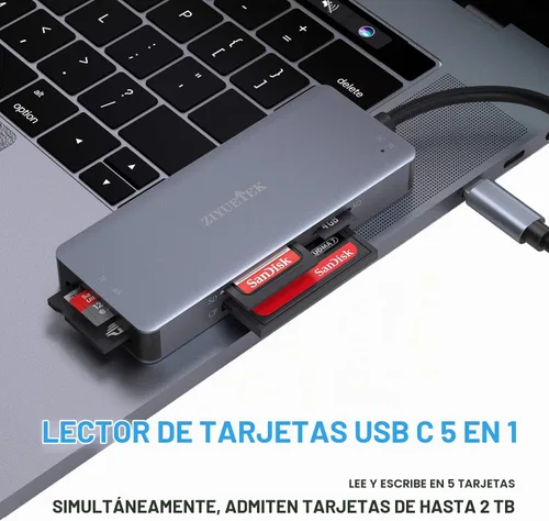 Vista 5 de Lector de Tarjetas SD USB C, Lector de Memoria Thunderbolt 3 de 5 en 1 de Aluminio para CF, SD/SDHC, TF/Micro SD/MS/M2, Tarjeta CompactFlash