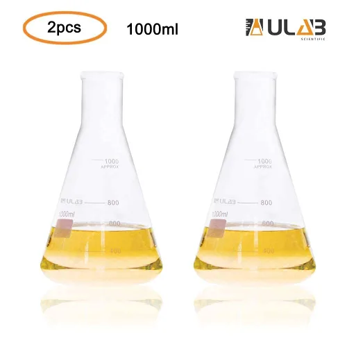 Vista 3 de ULAB Erlenmeyer - Juego de frasco de vidrio de boca estrecha, 34 onzas, 33.8 fl oz, borosilicato 3.3 con graduación impresa, paquete de 2, UEF1027