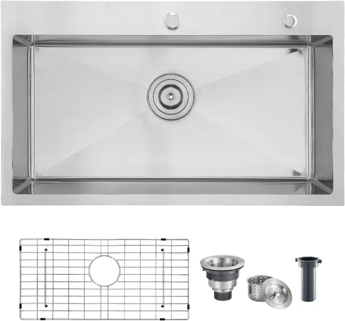 Vista 9 de POPFLY Fregadero de cocina de 18 pulgadas, acero inoxidable 304, montaje superior, hecho a mano, cuenco individual con 2 agujeros, fregadero