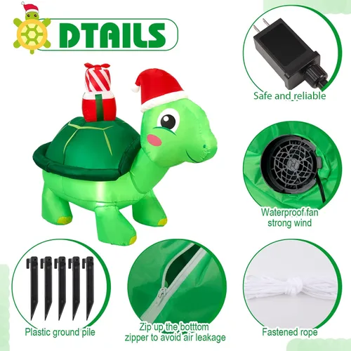 Vista 3 de Shappy - Decoración inflable gigante de Navidad de 1.49 m con tortuga con gorro de Papá Noel, decoración inflable con luces LED de Navidad
