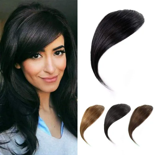 Vista 14 de Flequillo lateral con clip en cabello humano real natural con clip en flequillo lateral, extensiones de cabello lacio con flecos (rubio/613#)