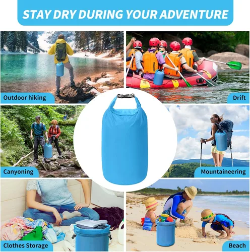 Vista 6 de Juego de bolsas secas, impermeables, pequeñas y ligeras, para tabla de remo, kayak, pesca, campamento (azul, 2 L + 5 + 10 L)