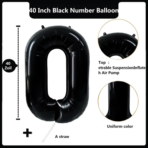 Vista 2 de Globos gigantes de helio de aluminio de 40 pulgadas, color negro, globos digitales grandes del número 0 para decoración de fiesta de cumpleaños