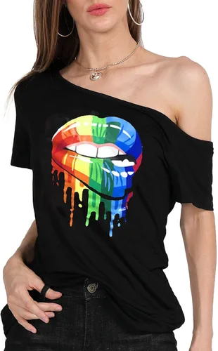 Vista 2 de MAGICMK - Camiseta casual para mujer, con estampado de labios y hombro descubierto, talla extragrande