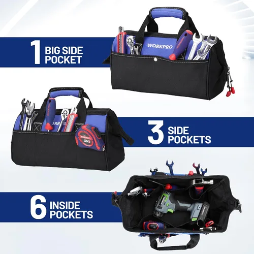 Vista 4 de WORKPRO Bolsa de herramientas de 13 pulgadas de boca ancha, bolsa de herramientas portátil con bolsillos interiores para almacenamiento