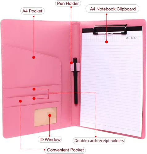 Vista 4 de Carpeta portapapeles rosa con bolígrafo – Geila PU cuero curriculum vitae cartera – Organizador de documentos de entrevista/legal y carpeta