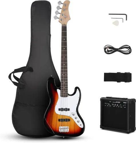 Vista 8 de Ktaxon Bajo eléctrico con amplificador de 20 W, kit de bajo eléctrico de 4 cuerdas para diestros para principiantes y profesionales con bolsa, Negro