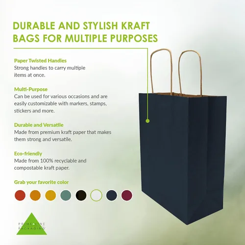 Vista 2 de Prime Line Packaging Bolsas de regalo de papel, bolsas de regalo azul marino, pequeñas con asas, bolsas de compras para negocios, golosinas